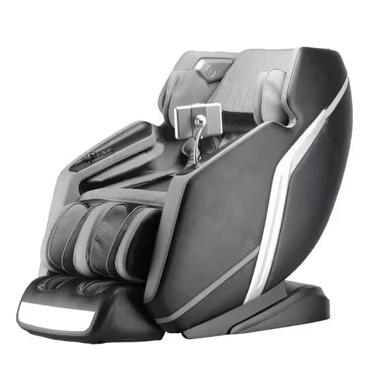 4D Deluxe Gray and Black Zero Gravity and Space Saving Faux Leather Heated Massage Chair with Sl-Track and Bluetooth